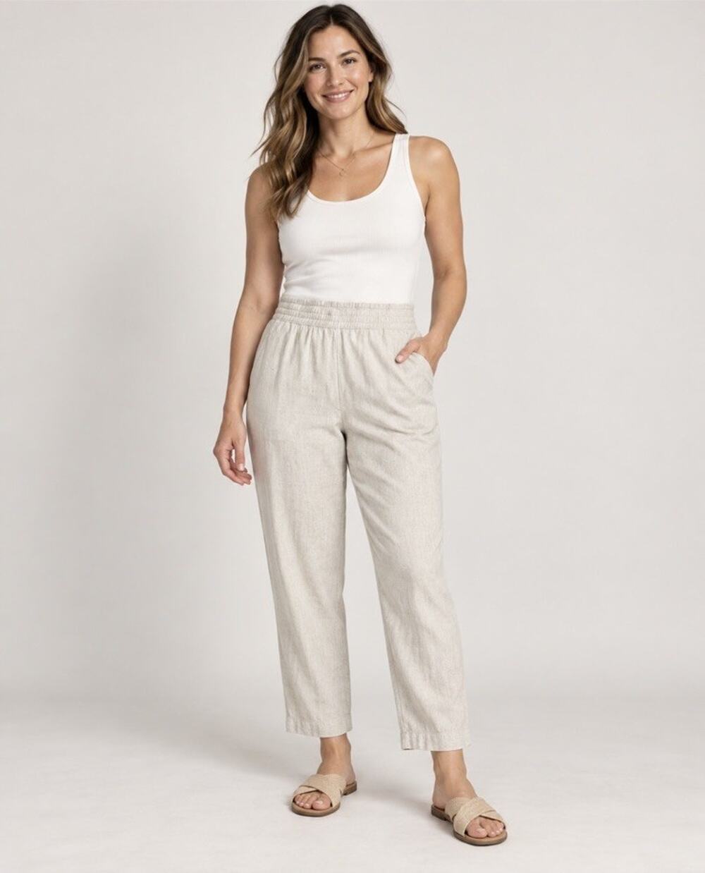 Old Navy Women’s Linen Blend Straight Leg Pull On Pants Beige XXL Coastal